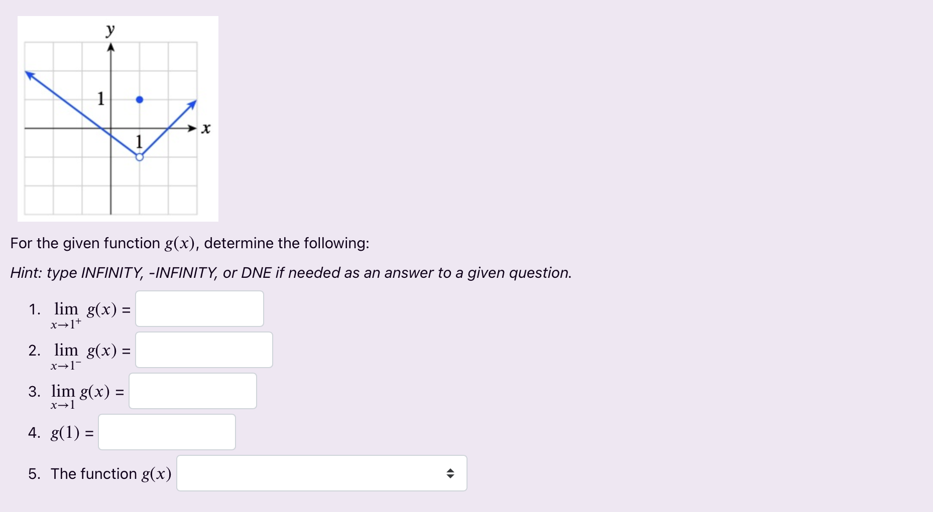 X 1 For the given function g(x), determine the following: Hint: