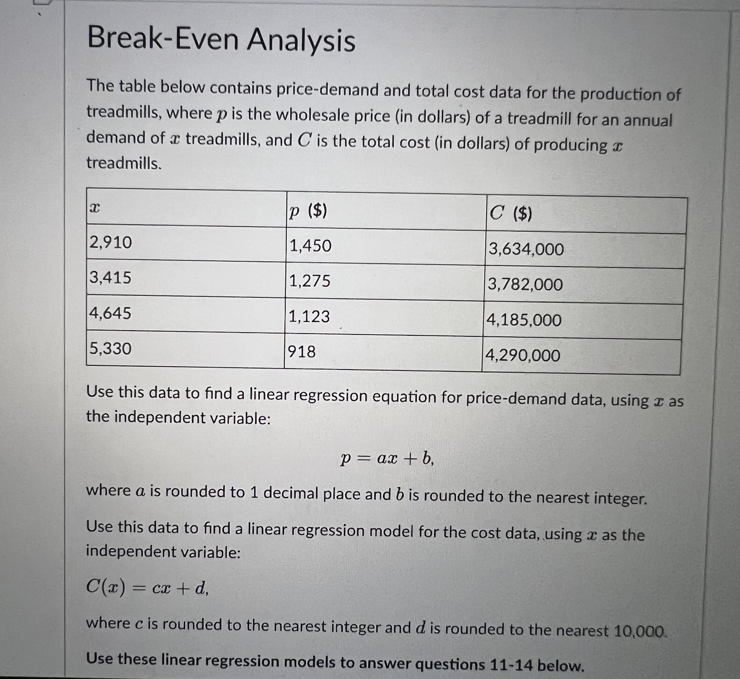 nearest treadmill. treadmillsBreak-Even Analysis The table below contains price-demand and total cost