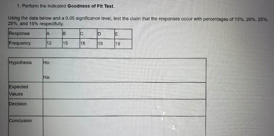 the indicated Goodness of Fit Test. Using the data below and a