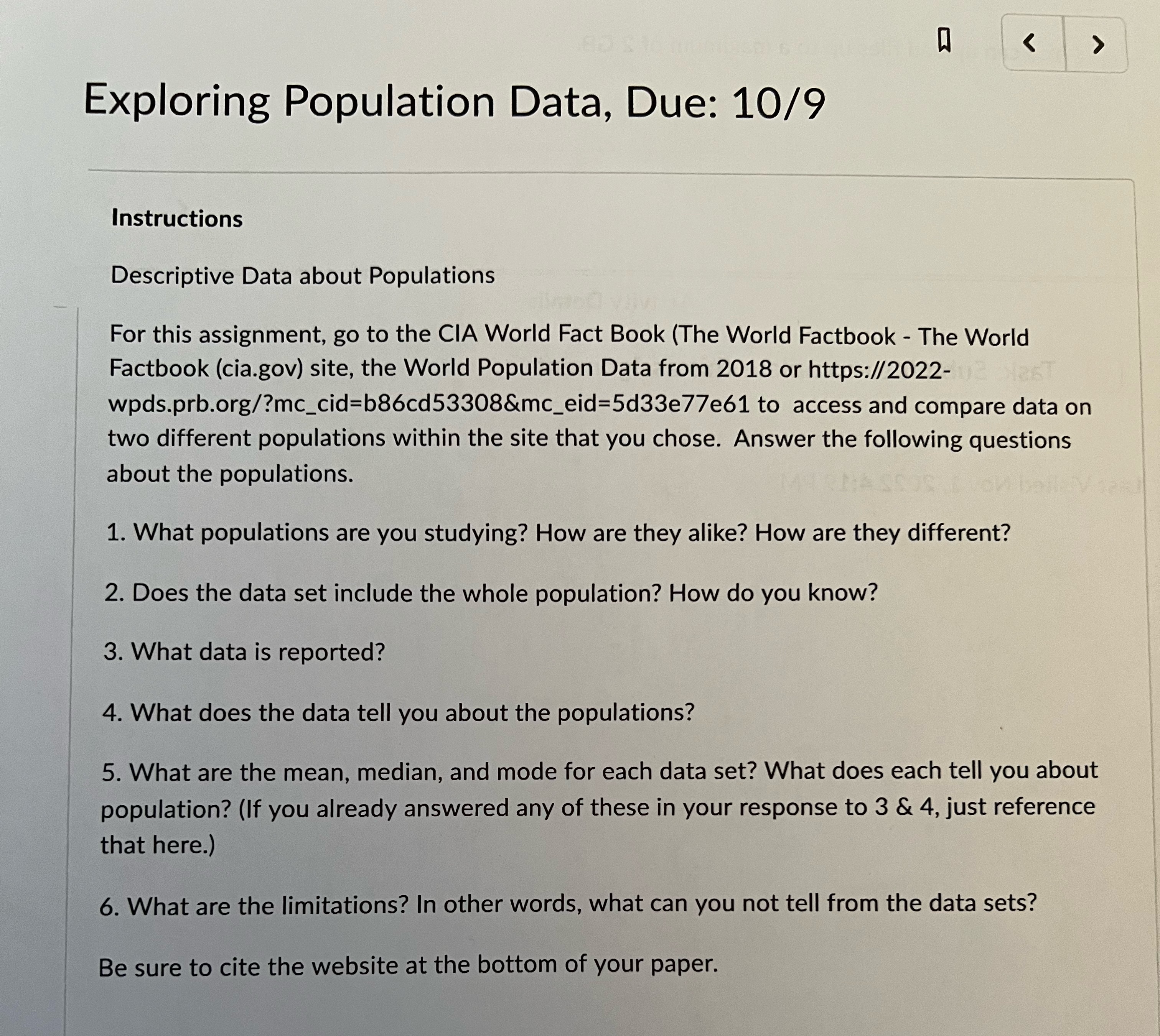 Exploring Population Data, Due: 10/9 < > Instructions Descriptive Data about Populations