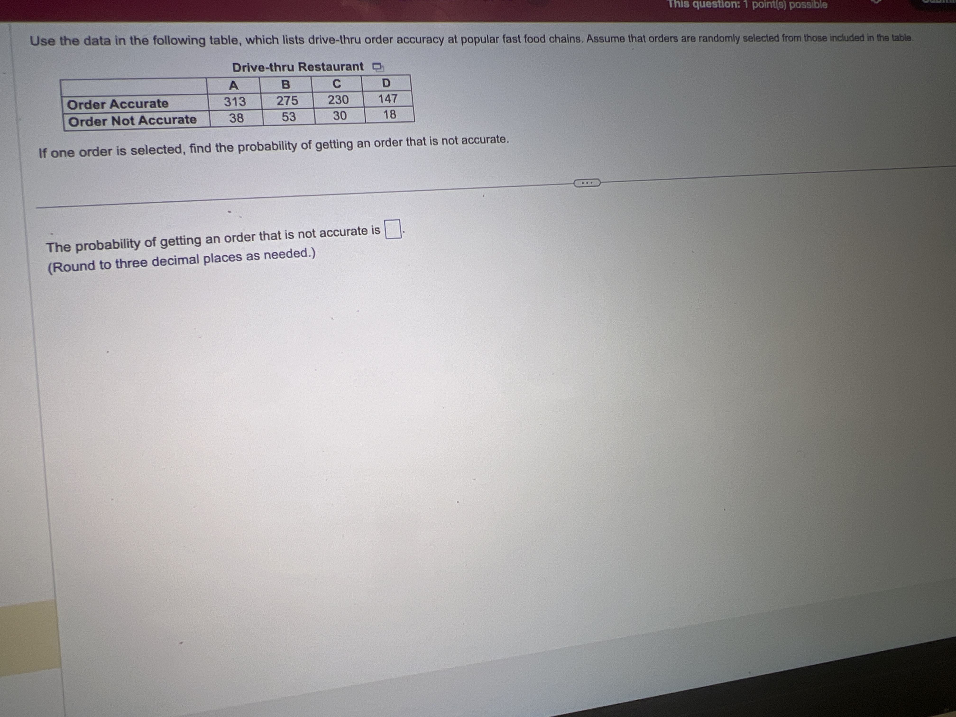  This question: 1 point(s) possible Use the data in the following