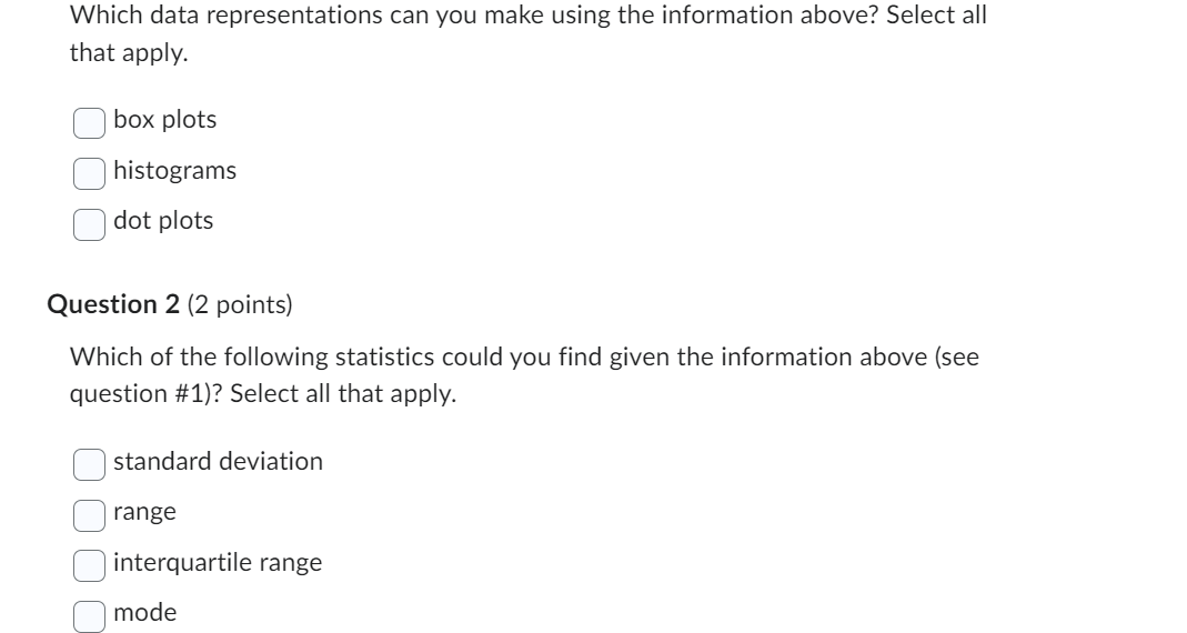 $20.13 Which data representations can you make using the information above? Select