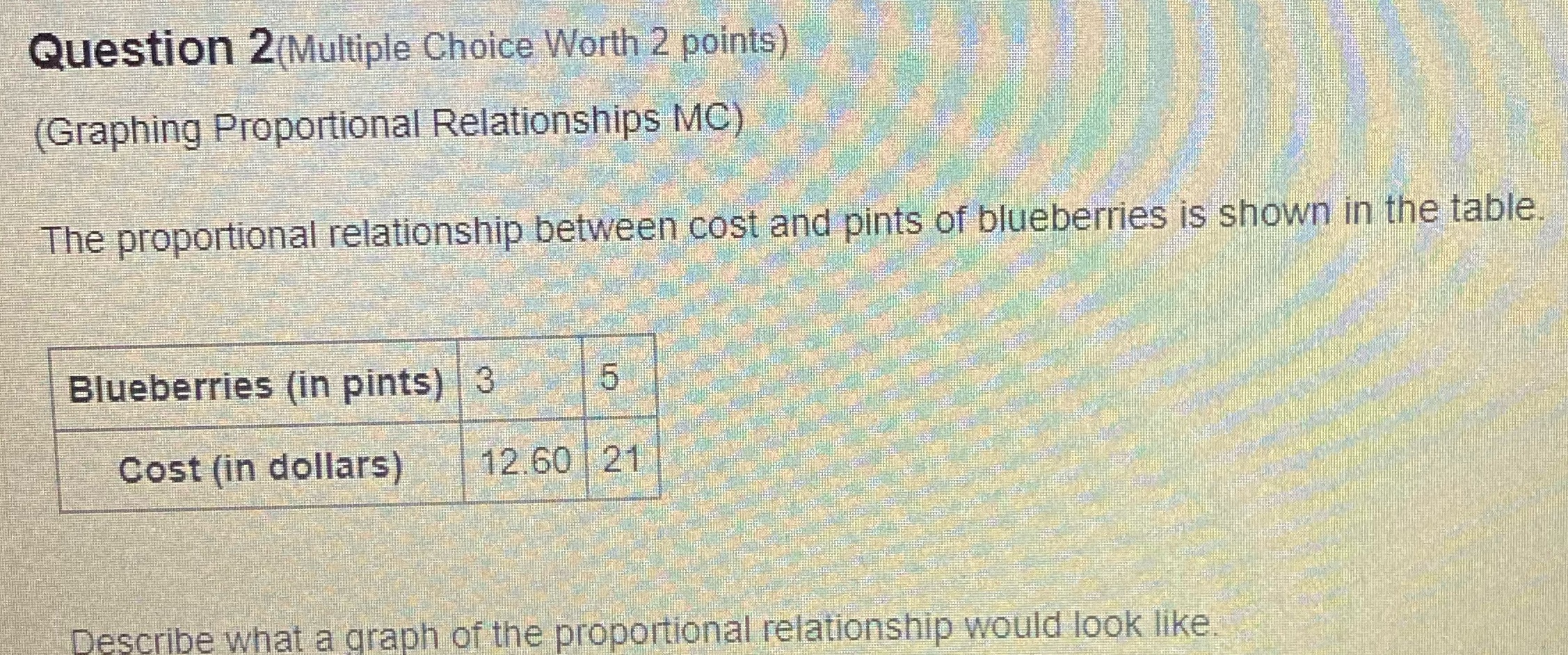 Question 2(Multiple Choice Worth 2 points Graphing Proportional Relationships MC) The