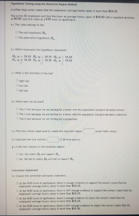 of $18.04 with a standard deviation of $2.60, test this claim at