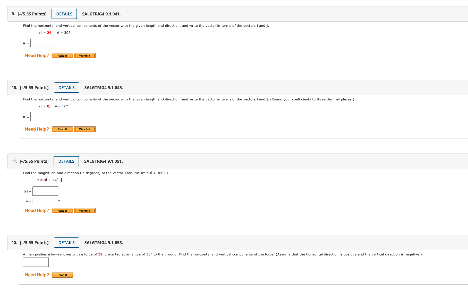 2. [-/5.55 Points] DETAILS SALGTRIG4 9.1.013. Express the vector V with initial