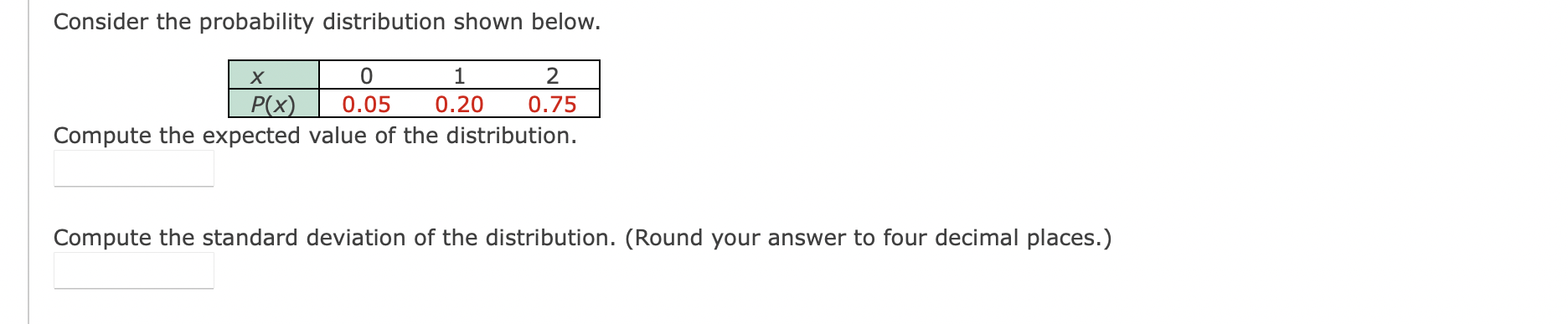  Consider the probability distribution shown below. x 0 1 2 0.05