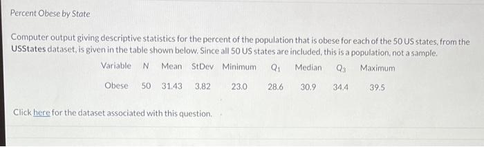 Percent Obese by State Computer output giving descriptive statistics for the