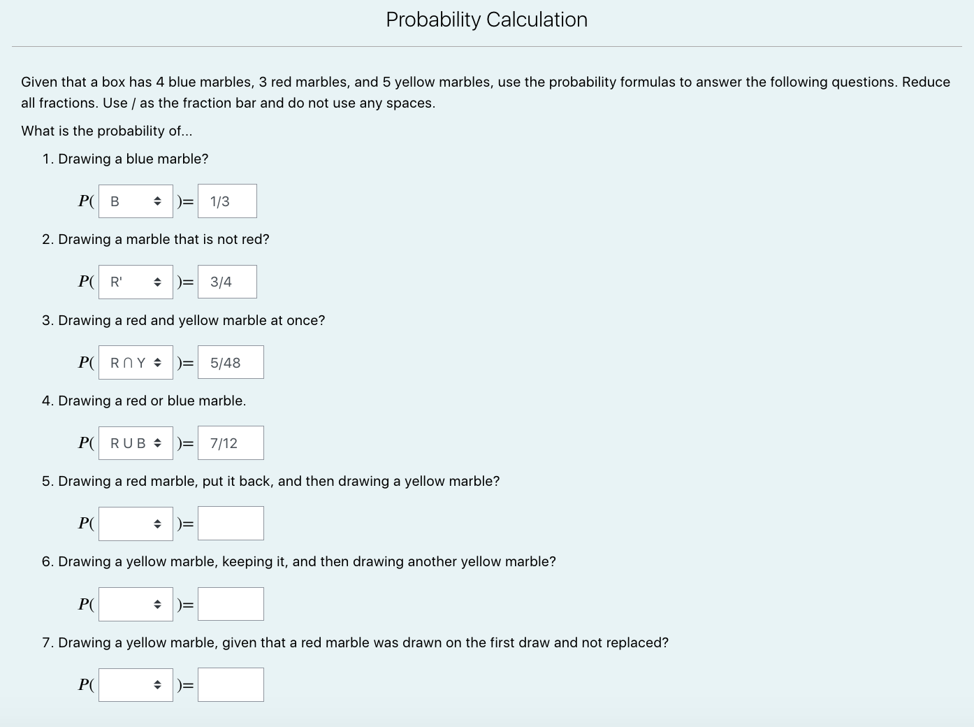 blue marbles, 3 red marbles, and 5 yellow marbles, use the probability