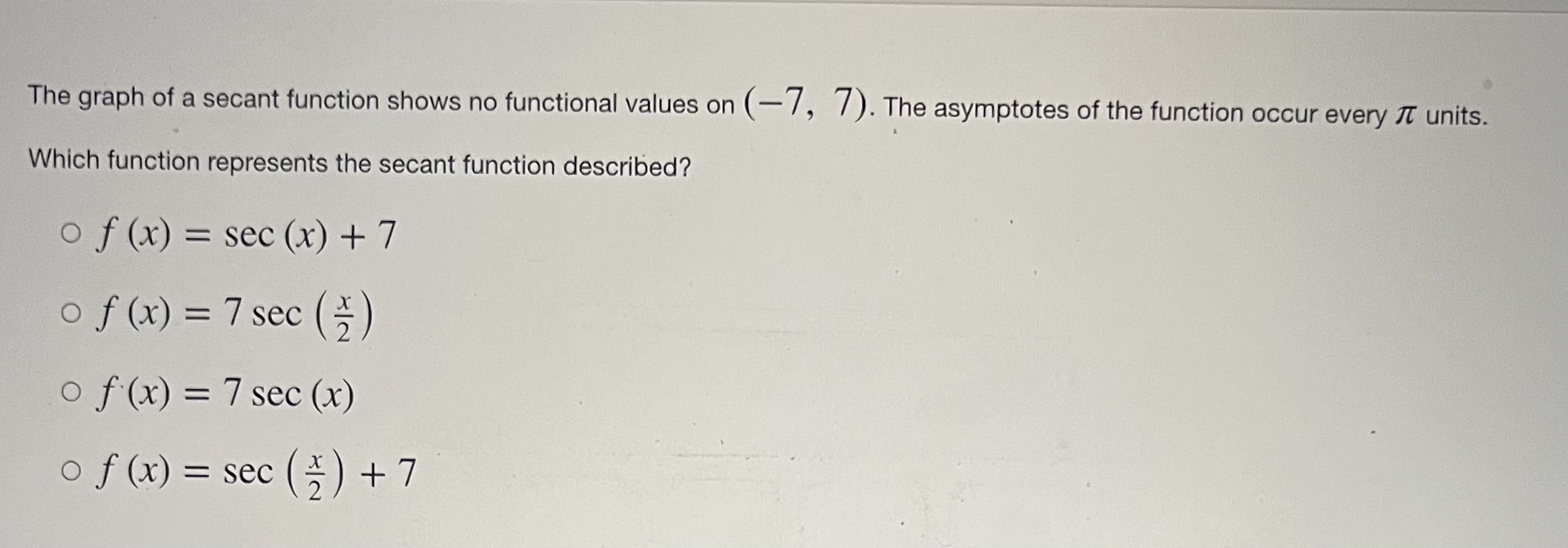 The graph of a secant function shows no functional values on