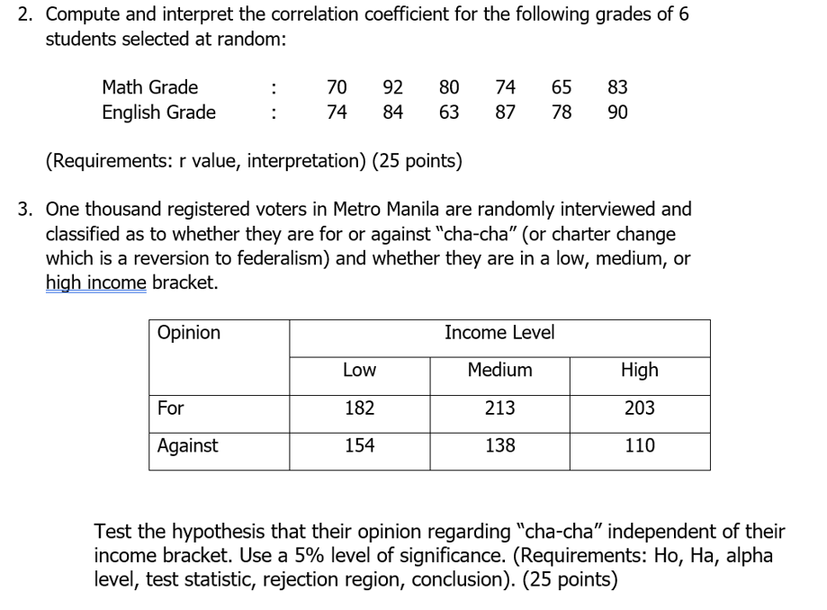 2. Compute and interpret the correlation coefficient for the following grades