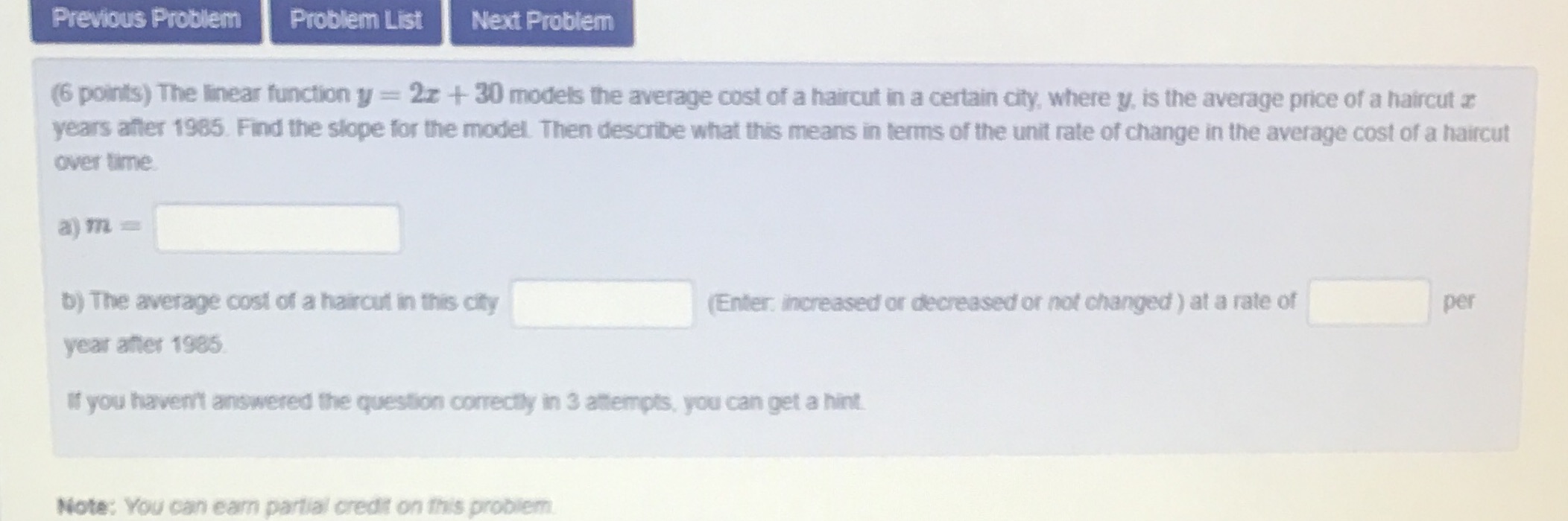 y = 2x + 30 models the average cost of a haircut