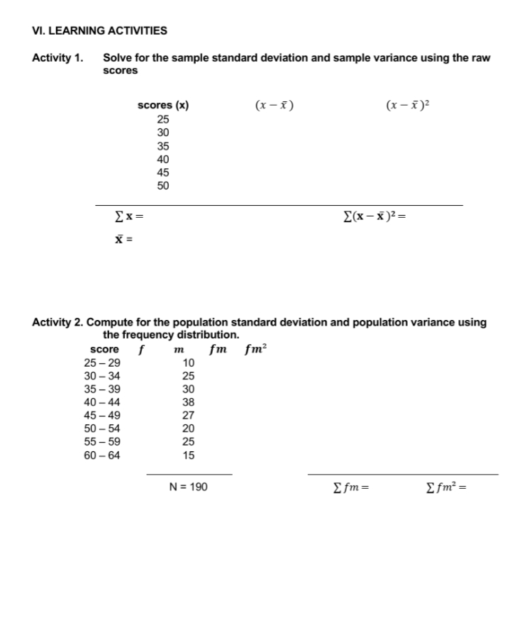 and sample variance using the raw scores scores (x) ( ) (