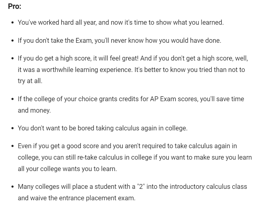 hasn't already been posted) for taking, or not taking, the AP Exam.