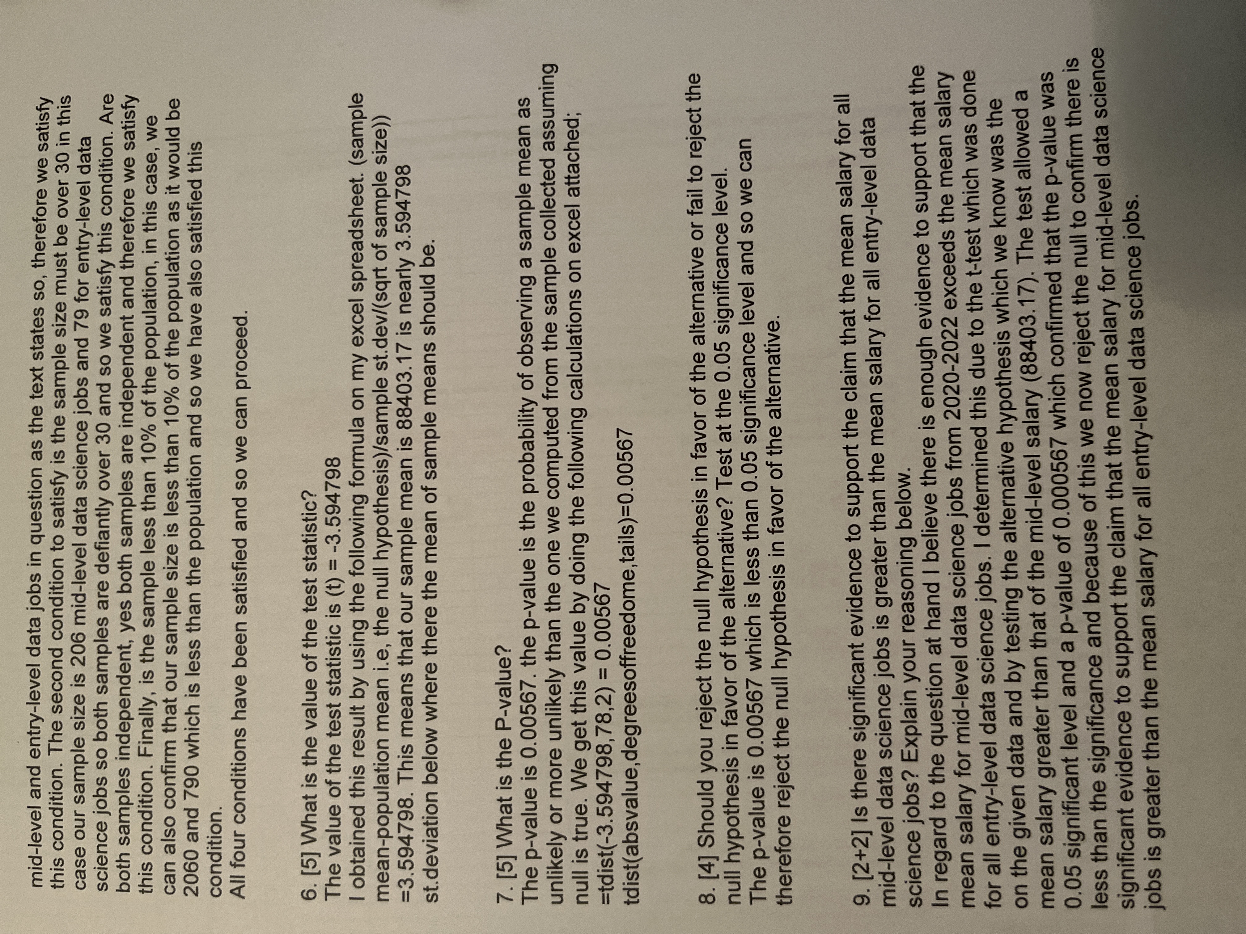 salary in U.S. dollars for random samples of 79 entry-level and 206