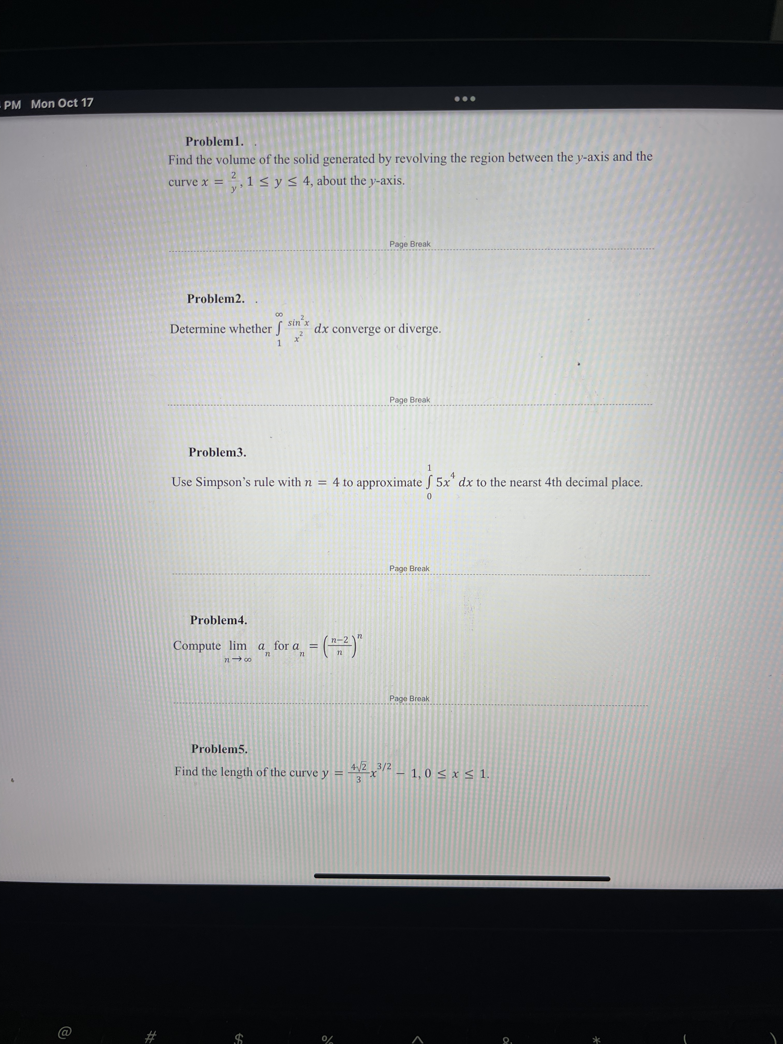 PM Mon Oct 17 . . . Problem1. Find the volume
