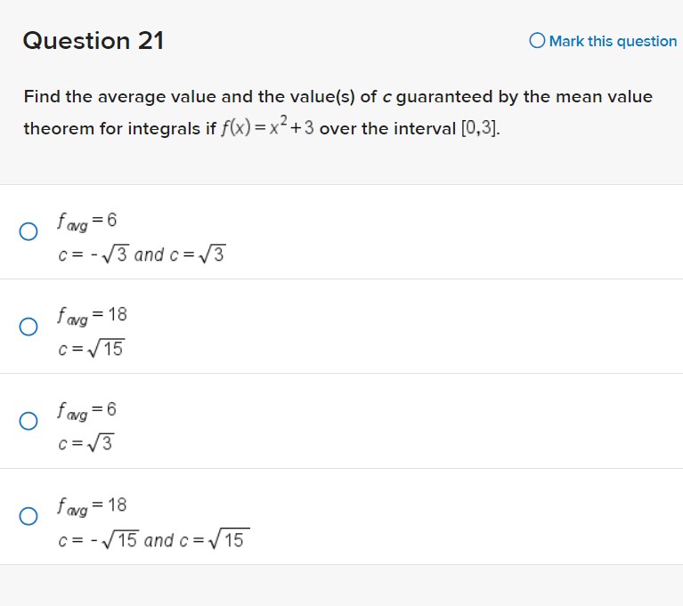 the value(s) of c guaranteed by the mean value theorem for integrals