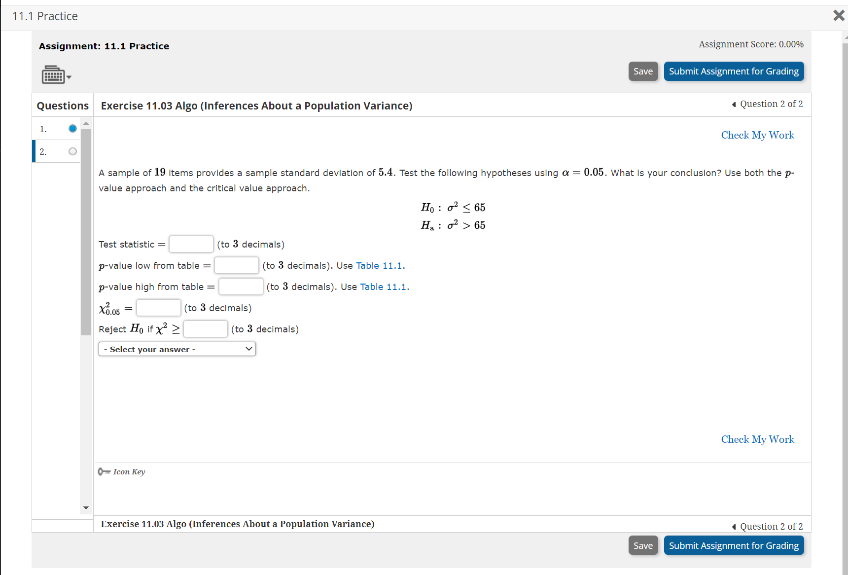 Population Variance) 11.1 Practice "'_' CENGAGE MINDTAP Assignment: 11.1 Practice Assignment Score: