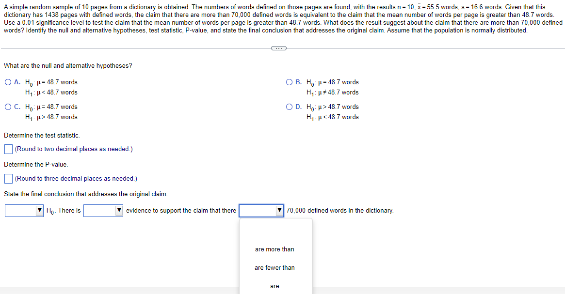 the claim that the mean number of words per page is greater