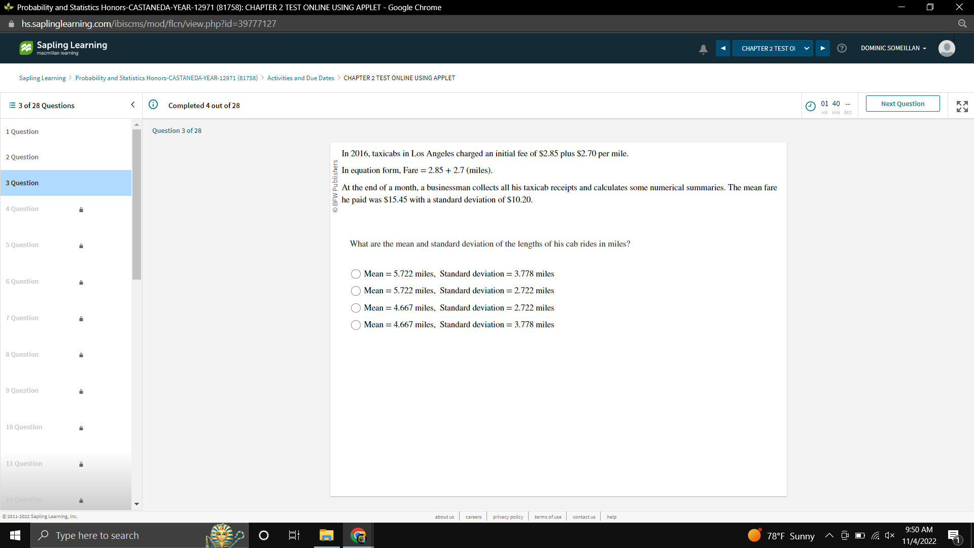 Probability and Statistics Honors-CASTANEDA-YEAR-12971 (81758): CHAPTER 2 TEST ONLINE USING APPLET