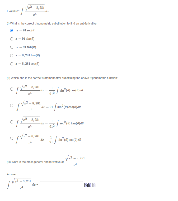 VIZ - 8,281 de = 1 14 912. sin2(0) cos(@) de O