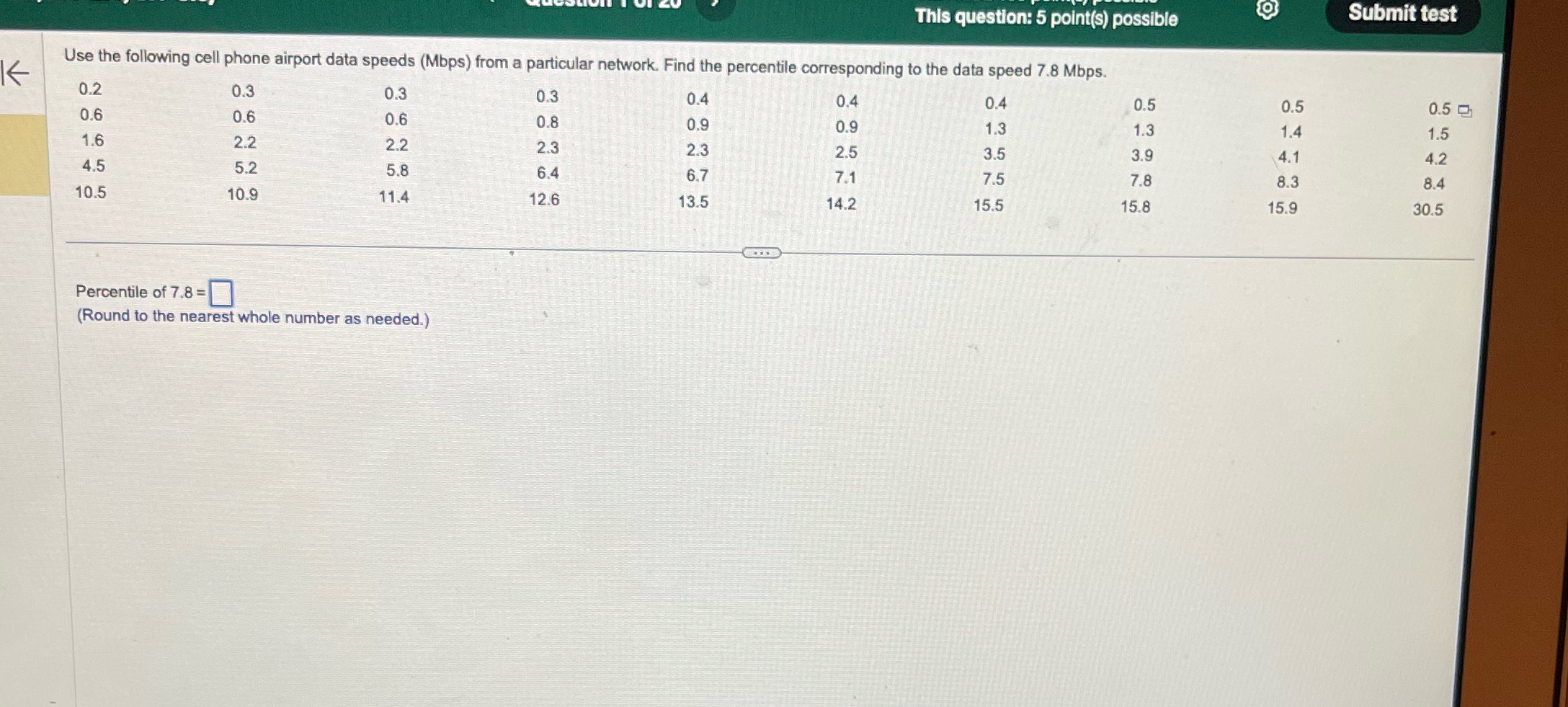  This question: 5 point(s) possible Submit test Use the following cell
