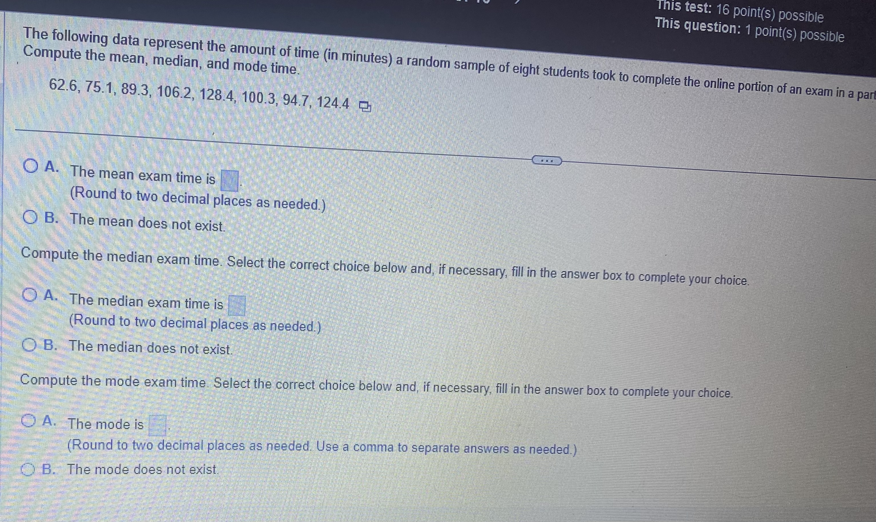 This test: 16 point(s) possible This question: 1 point(s) possible The