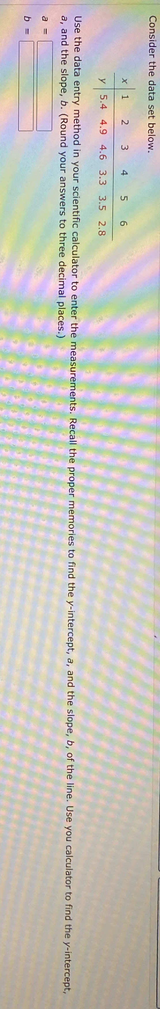 the measurements. Recall the proper memories to find the y-intercept, a, and