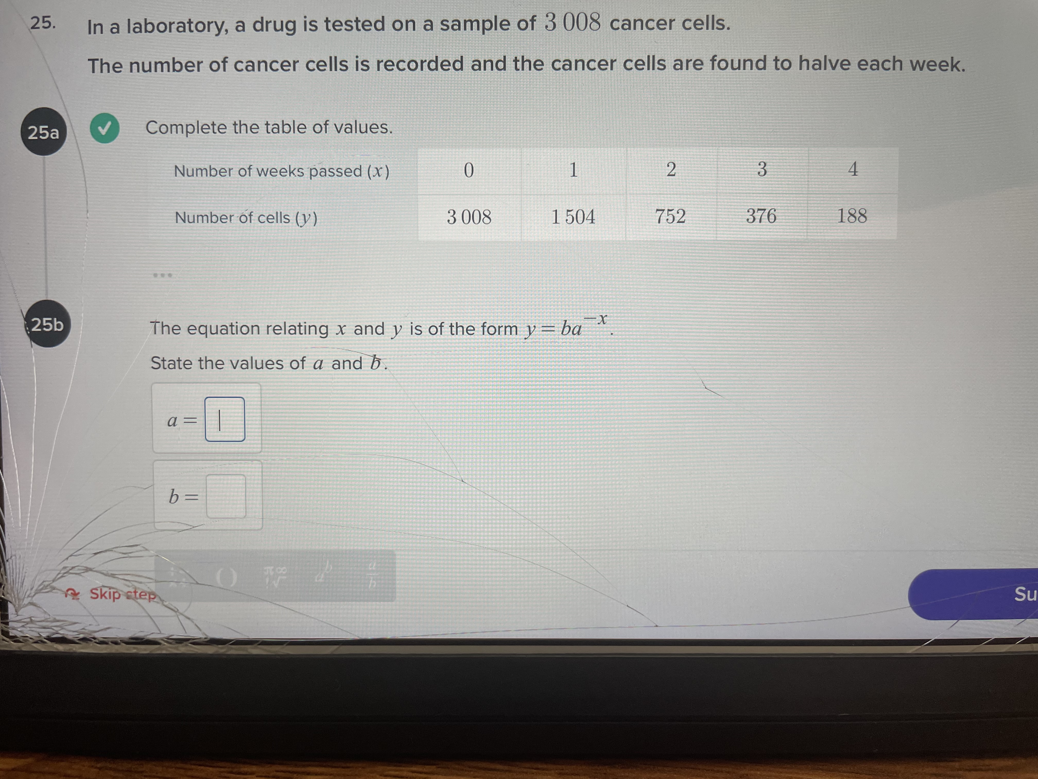 Number of hours passed (x) 3 4 Number of bacteria ()) 8