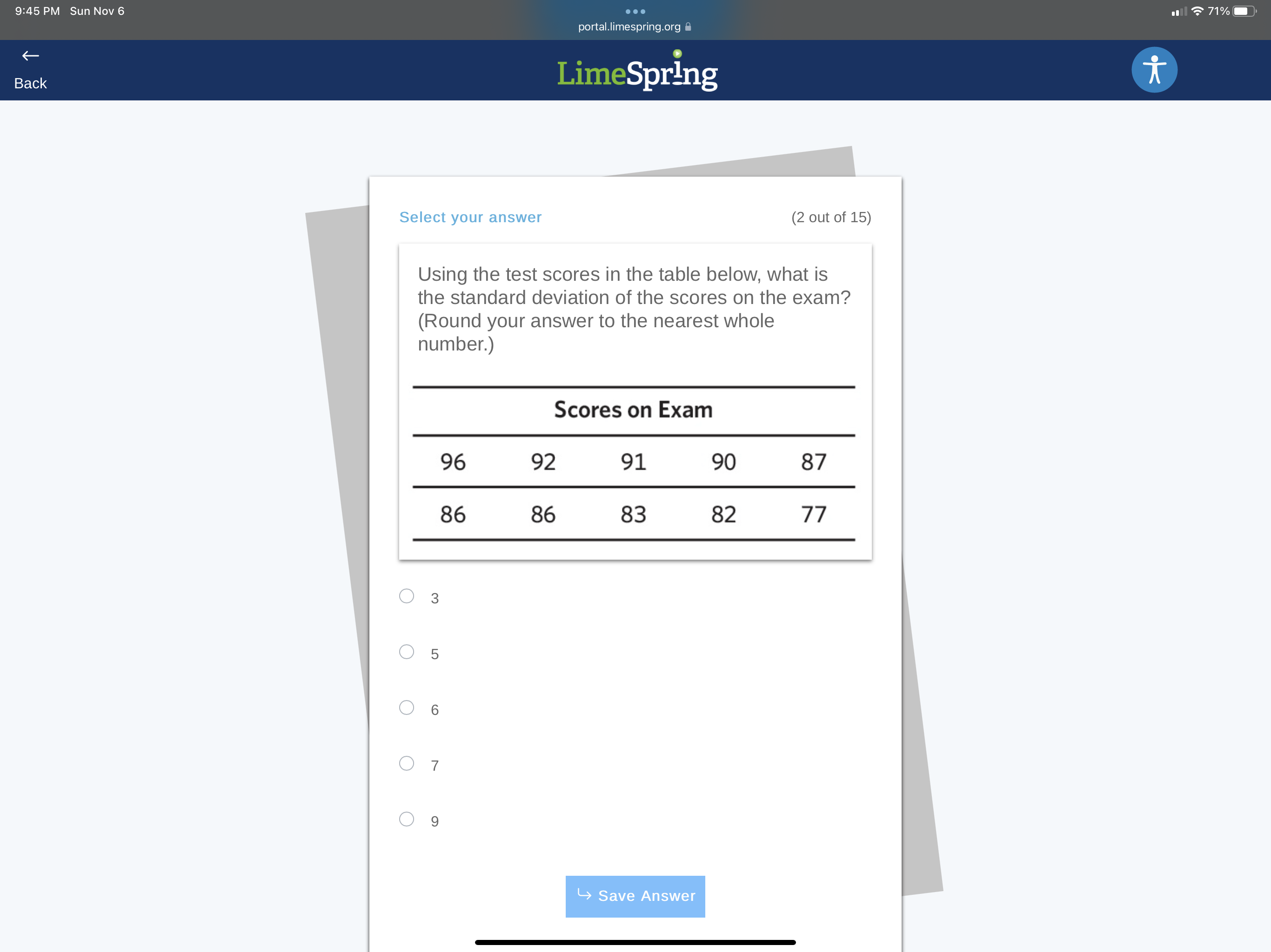 Using the test scores in the table below, whatis the standard