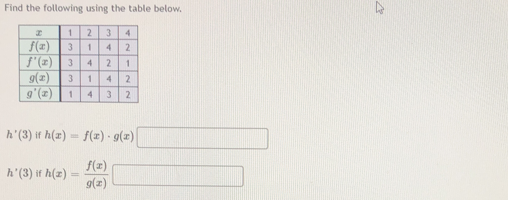 3 1 4 2 f' (z) 3 4 2 1 g(x) 1