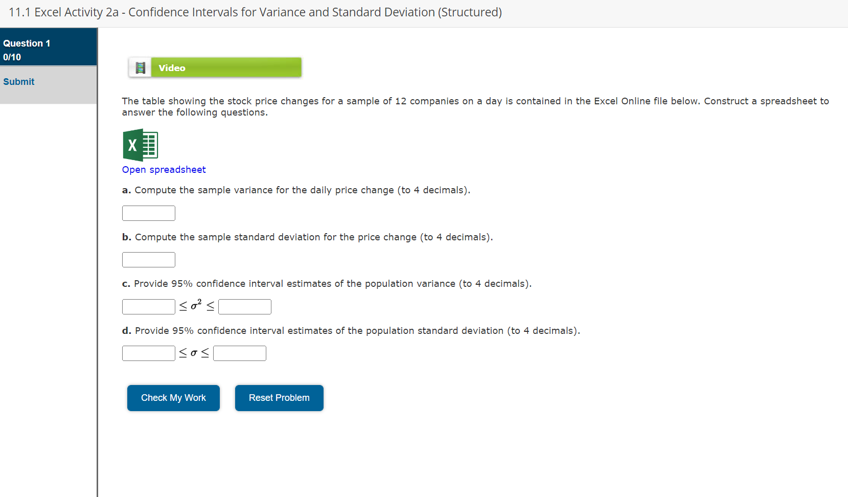  11.1 Excel Activity 2a - Confidence Intervals for Variance and Standard