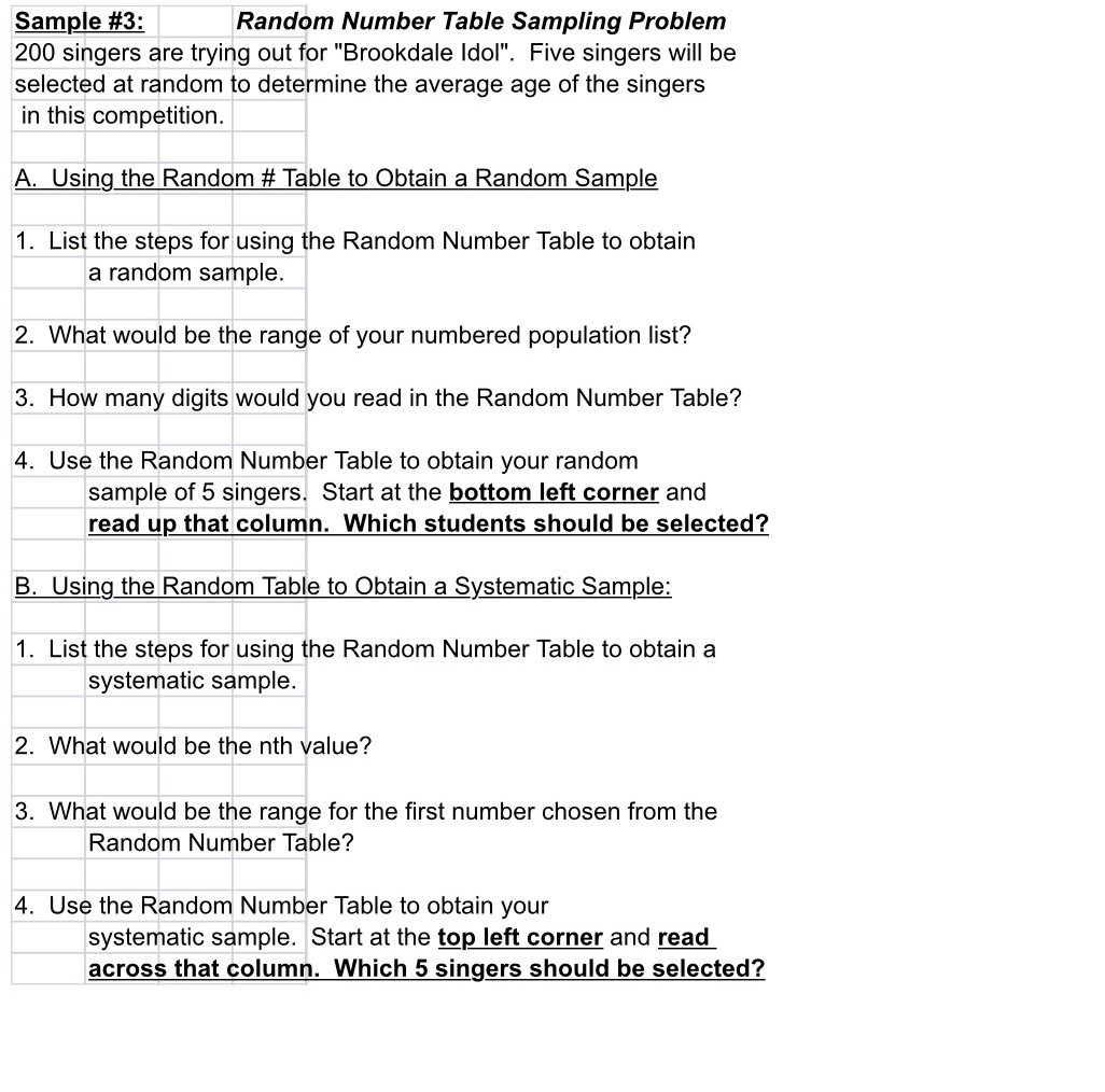  gample #3: Random Number Table Sampling Problem 200 singers are trying