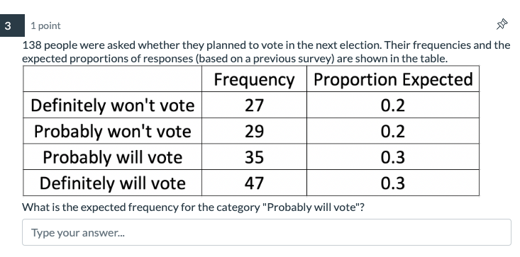 your answer... and the number of observed values. 3 1 point 138