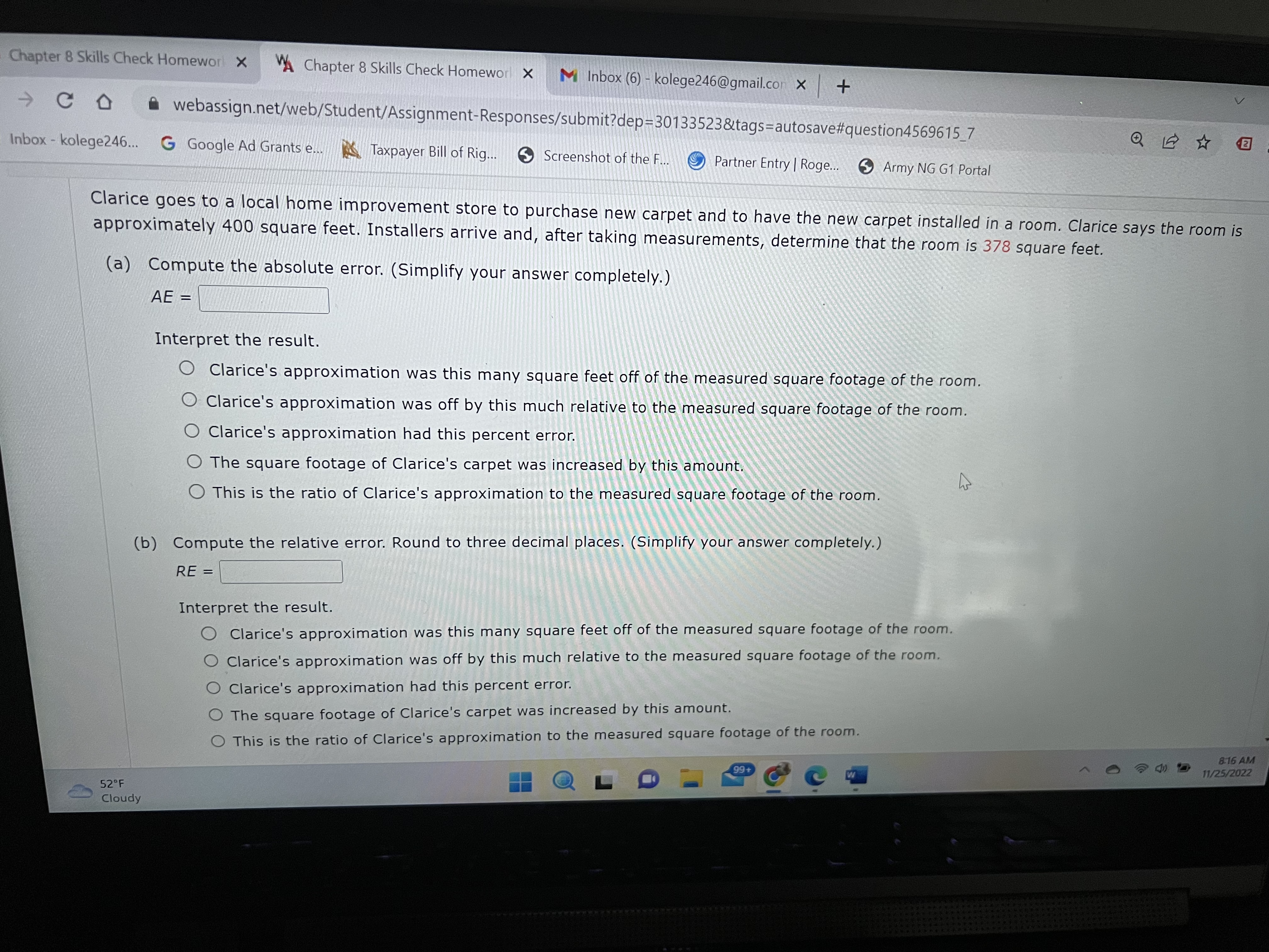 that the room is 378 square feet. (a) Compute the absolute error.
