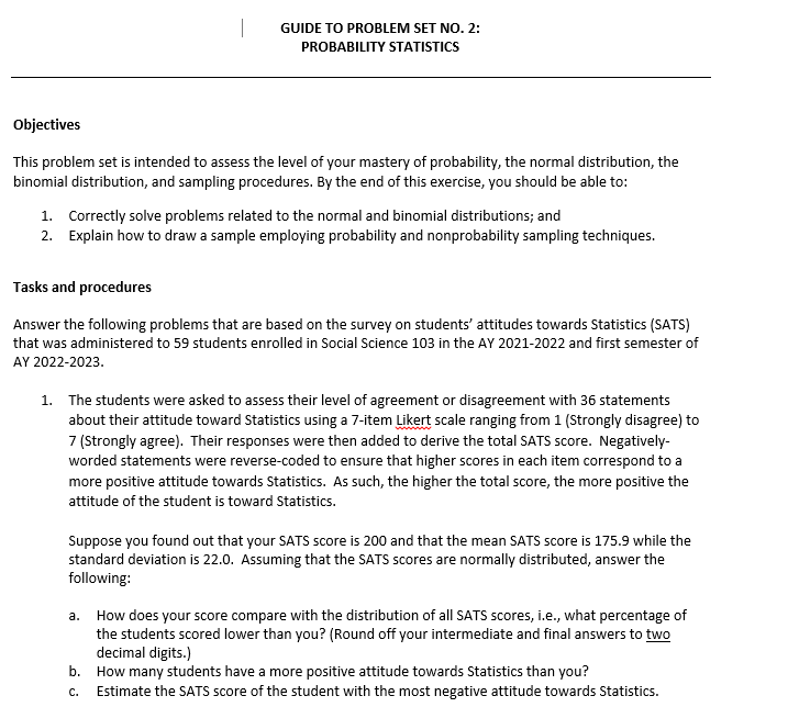  GUIDE TO PROBLEM SET MD. 2: PRUBABILTT'I" STATISTICS Objectives This problem