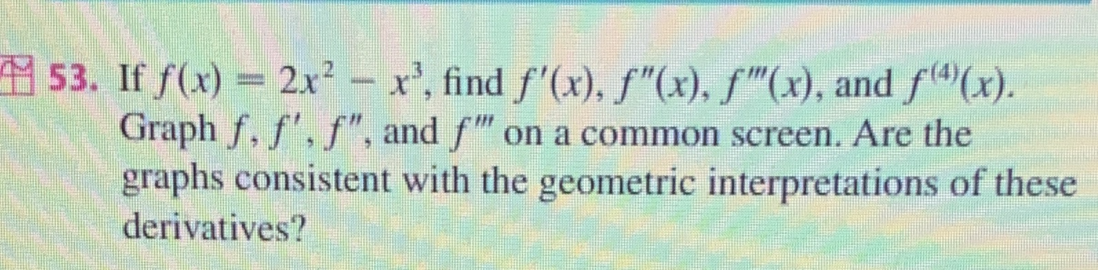 and f"(x). Graph f, f', f", and f" on a common screen.