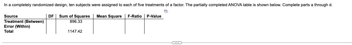 assigned to each of five treatments of a factor. The partially.' completed