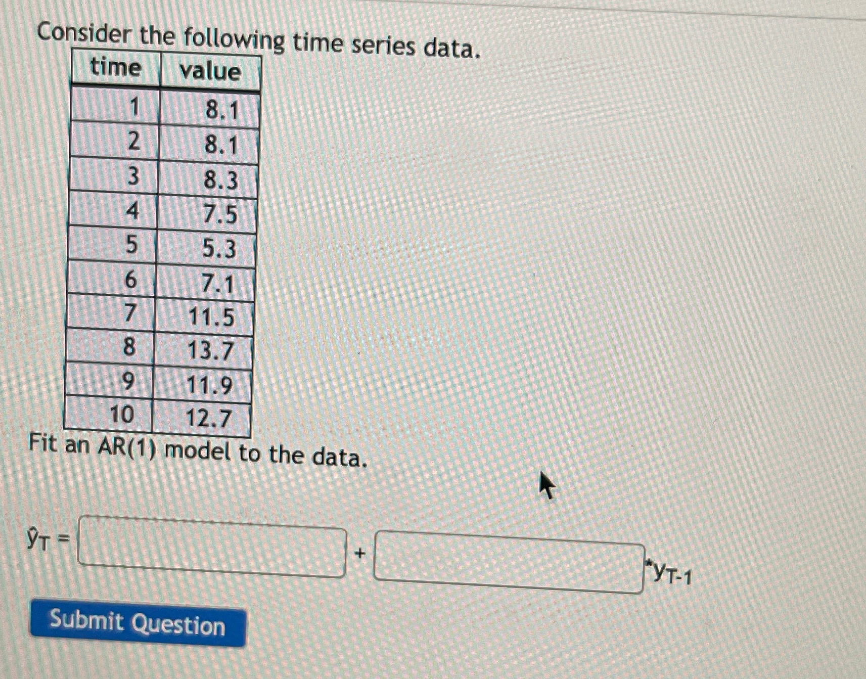  Consider the following time series data. time value 8.1 2 8.1