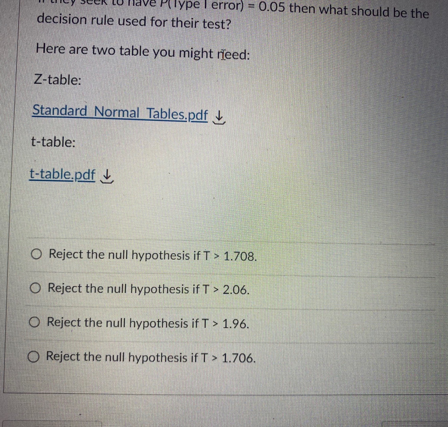 Normal Tables.pdf 4 t-table: t-table.pdf + O Reject the null hypothesis if