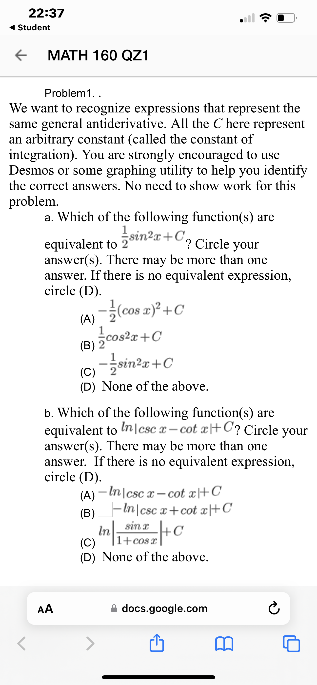  22:37 4: . . 4 Student (- MATH 160 021 Problem1.