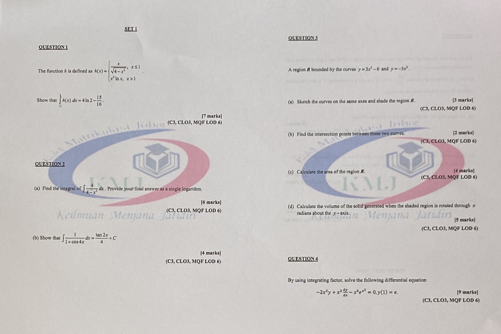 QUESTION 3 QUESTION 1 The function h is defined as h(x) =