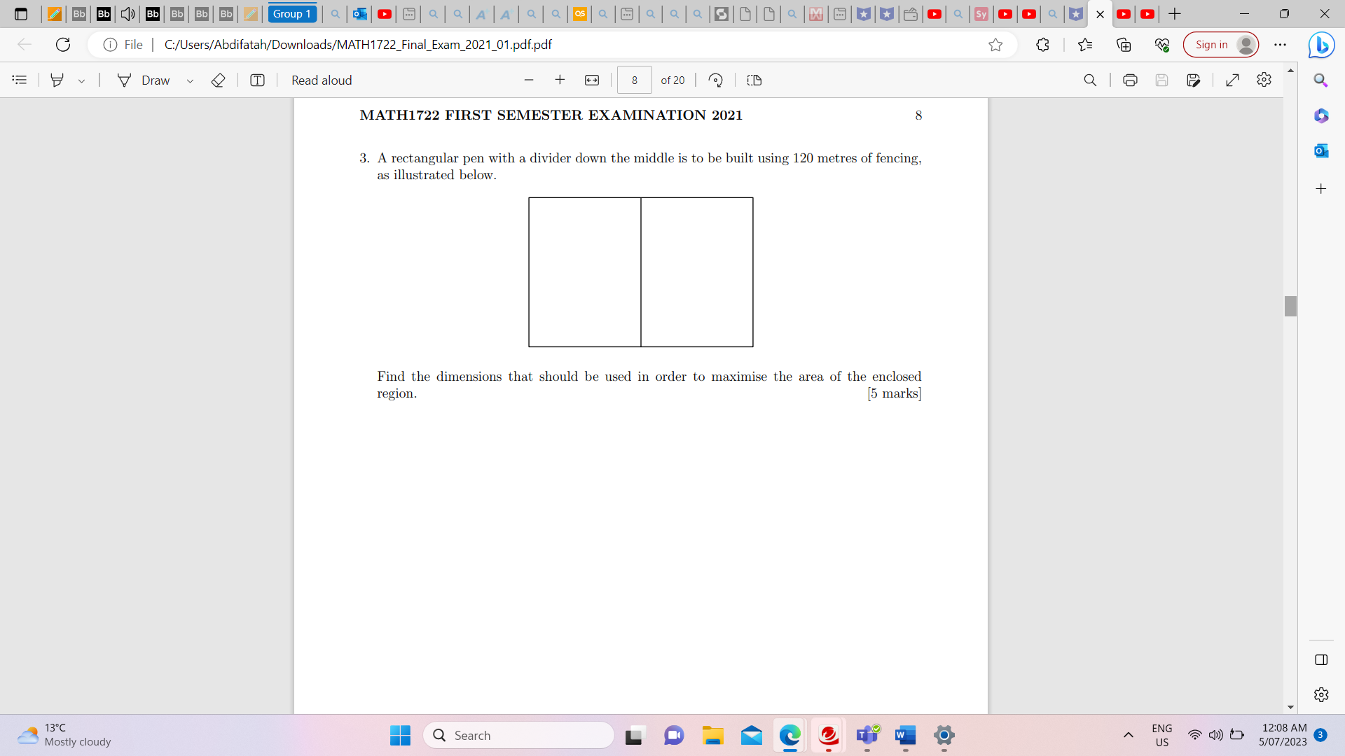 File | C:/Users/Abdifatah/Downloads/MATH1722_Final_Exam_2021_01.pdf.pdf Sign in . . . I V Draw 2