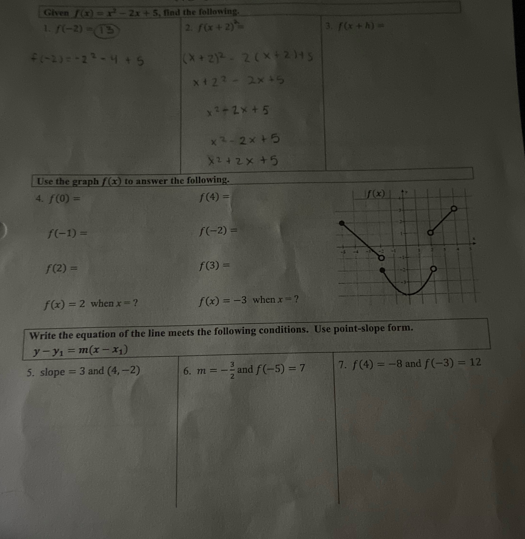 following. 1. 1(-2) =13 2. f (x + 2)= 3. f (