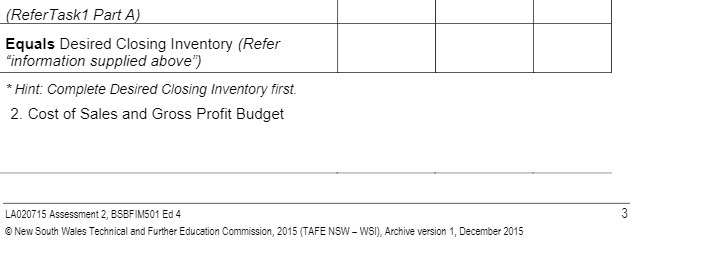 Refer Taskt Part A ) Equals Desired Closing Inventory ( Refer