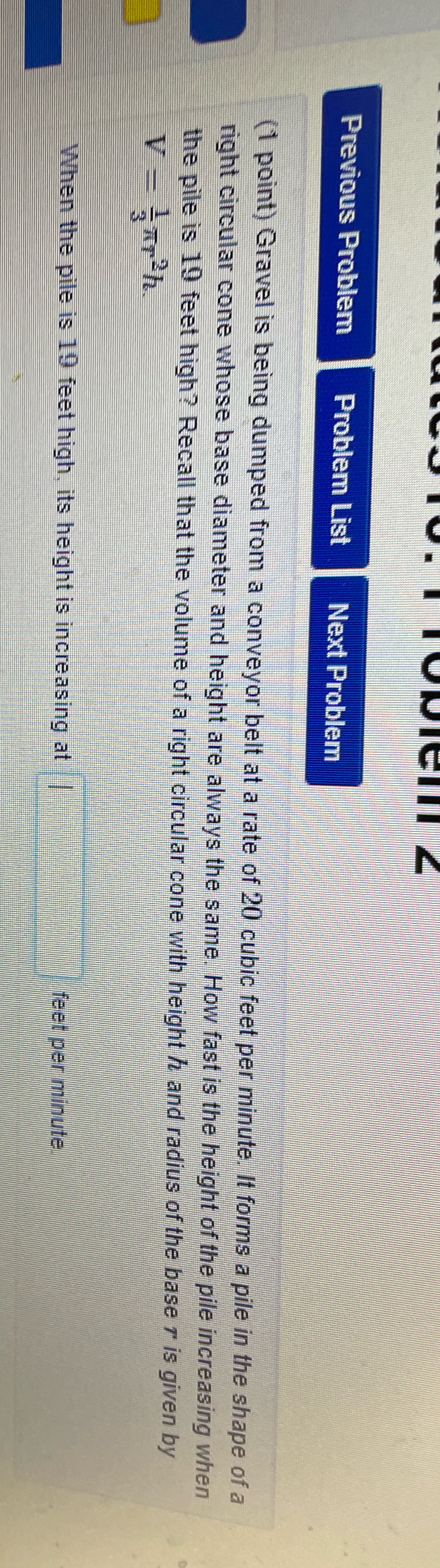 dumped from a conveyor belt at a rate of 20 cubic feet