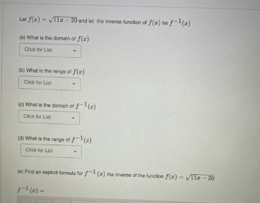 [d) What is The range of f 1(3) Click for List (e)