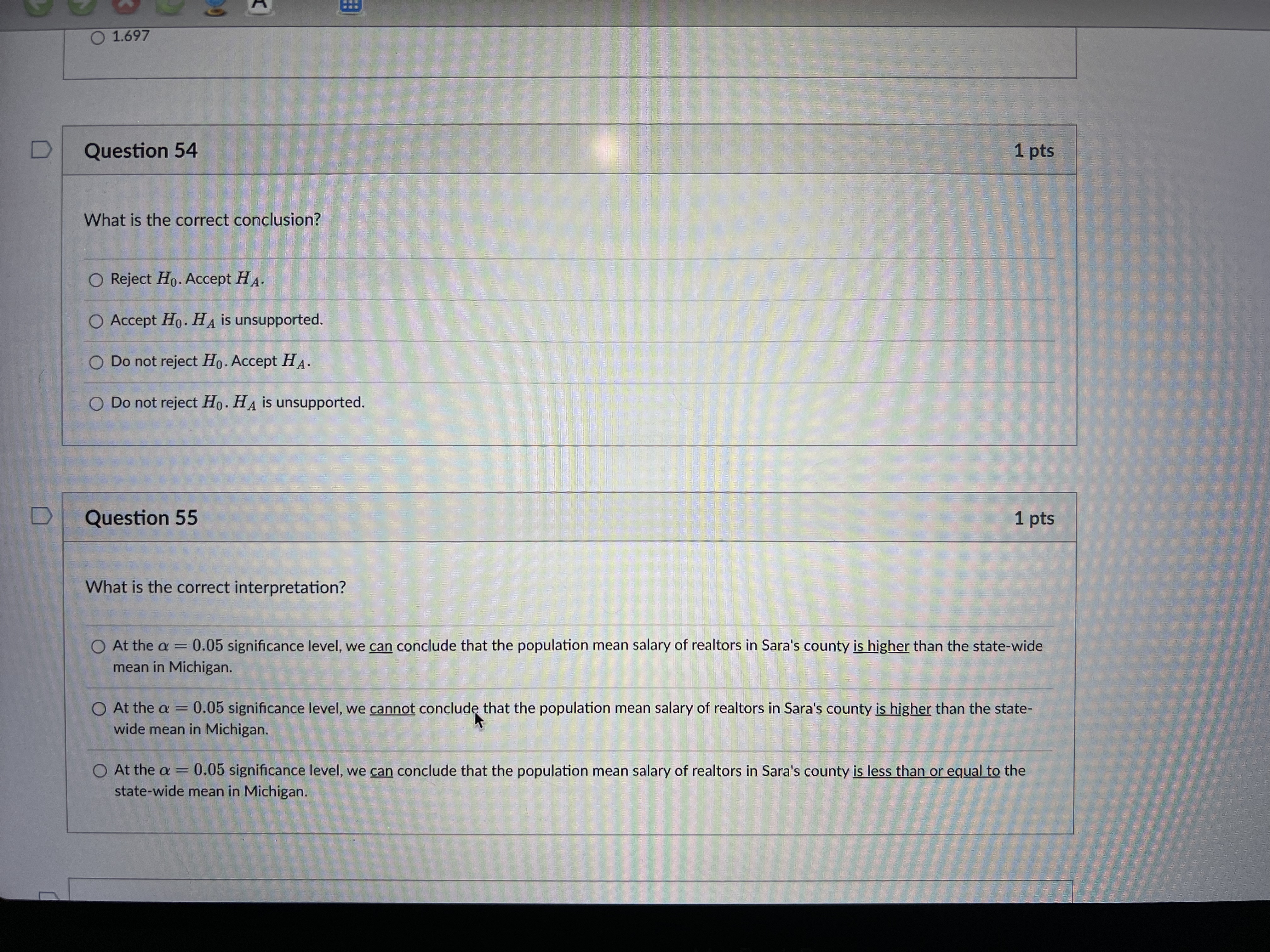 test to determine whether the population mean salary of realtors in Sara's