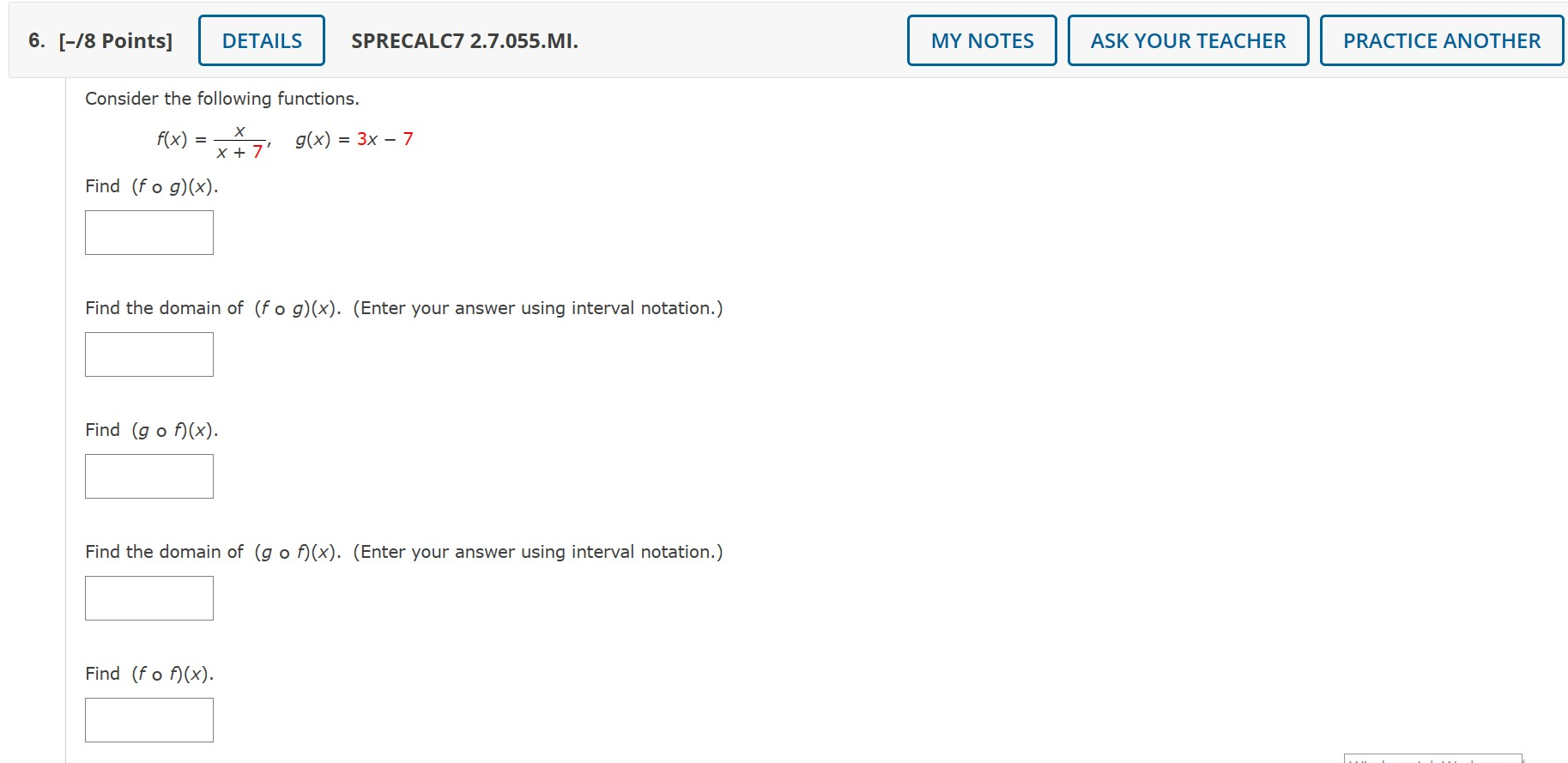 2.7.013. MY NOTES ASK YOUR TEACHER PRACTICE ANOTHER Find f+ g, f