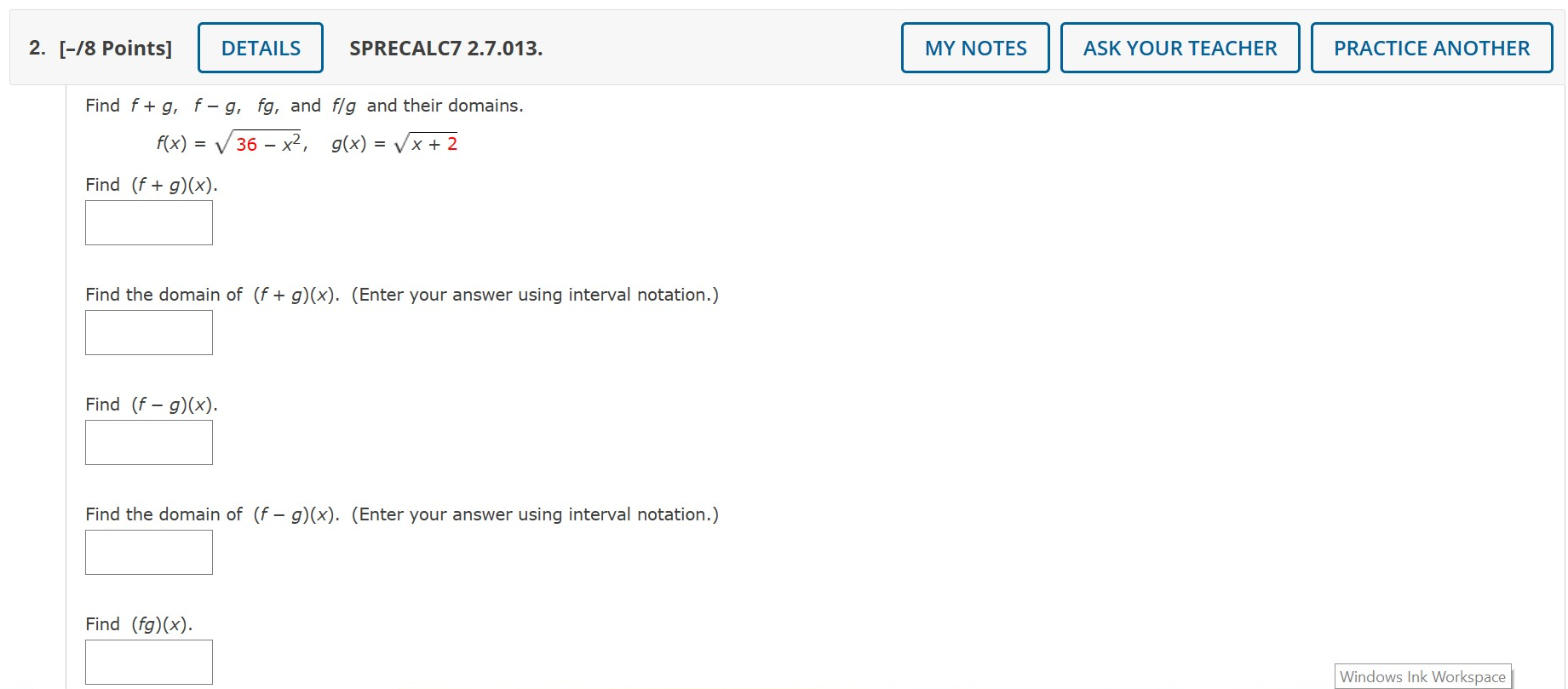 domain of (Fg)(x). (Enter your answer using interval notation.) Find (am. Find