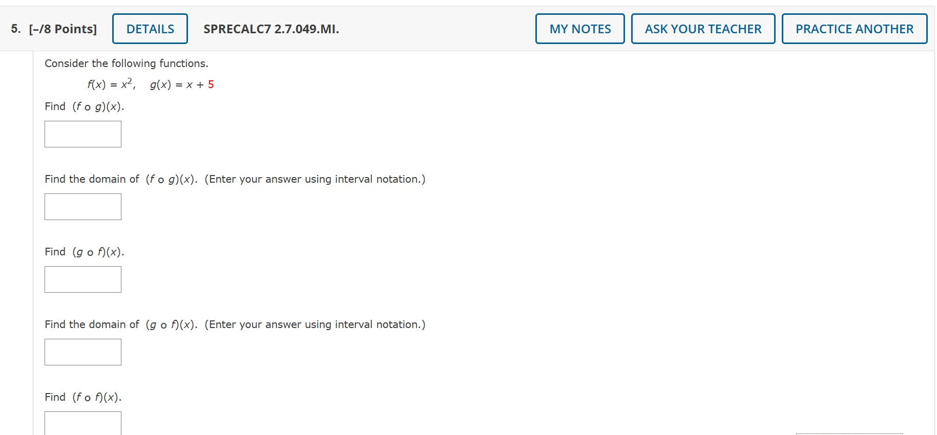 evaluate the expression. (a) (fog)(-2) (b) (g of) (-2)4. [-/1 Points] DETAILS